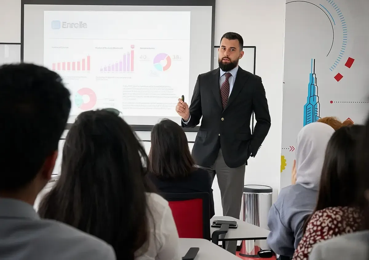 Enrolia founder presenting an enrollment dashboard to an education audience